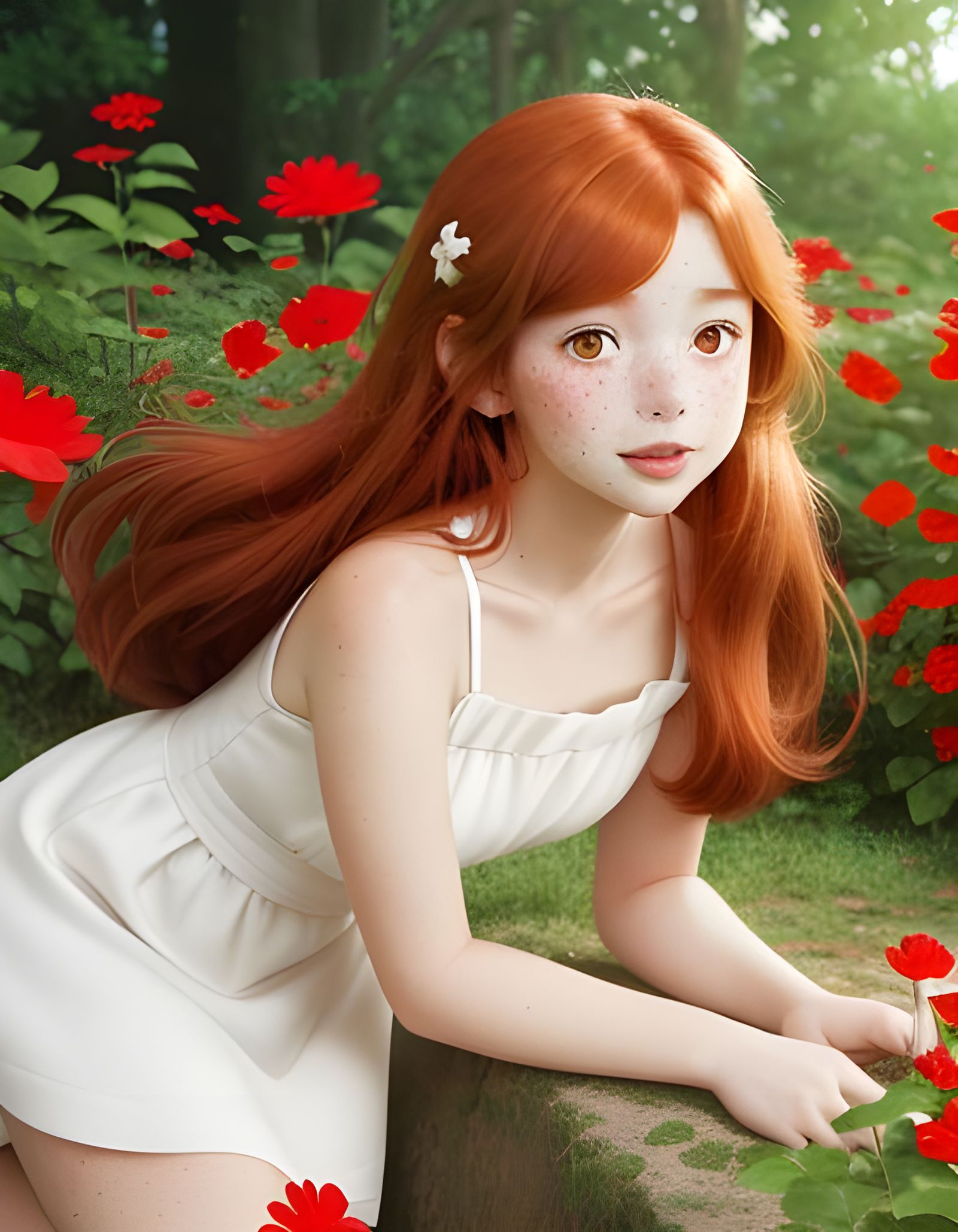 Auburn-haired Girl Picking Flowers, Anime Style