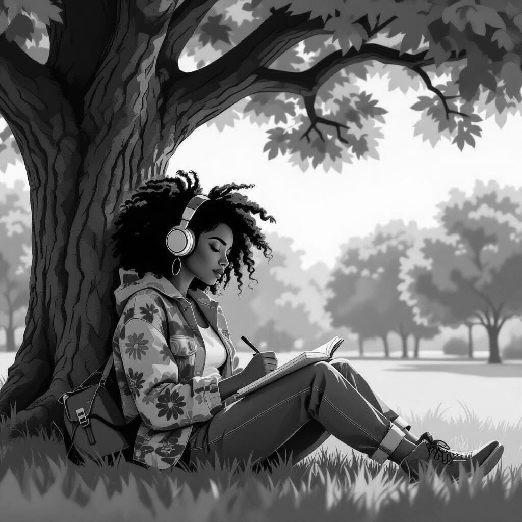 Afropunk styled neo soul artist sitting in the shade . under a large tree writing in a notebook with over ear headphones on.  Set in a lush ...