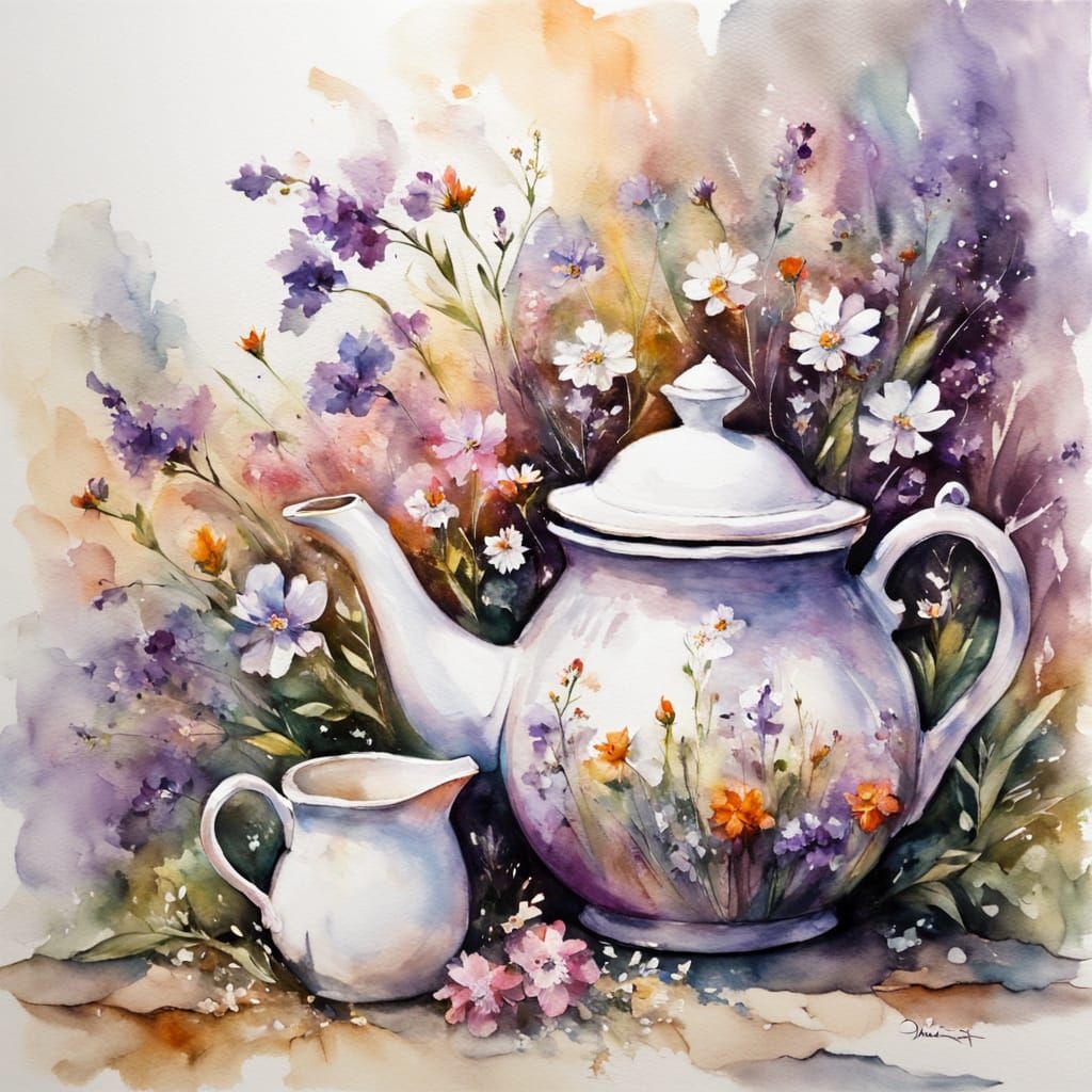 watercolor teapot overflowing with ...  by @Nebulae365