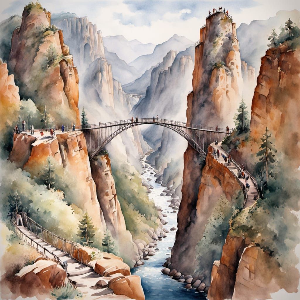 Ethereal Silver Suspension Bridge Over a Deep Canyon