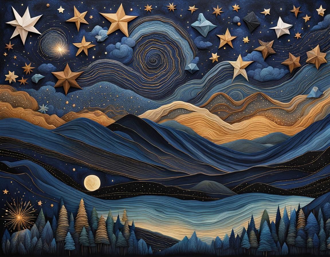 Imaginative scenes of stars in the night sky featuring a rich array of tactile elements, such as fabric, ...  by @Harry-Lagman