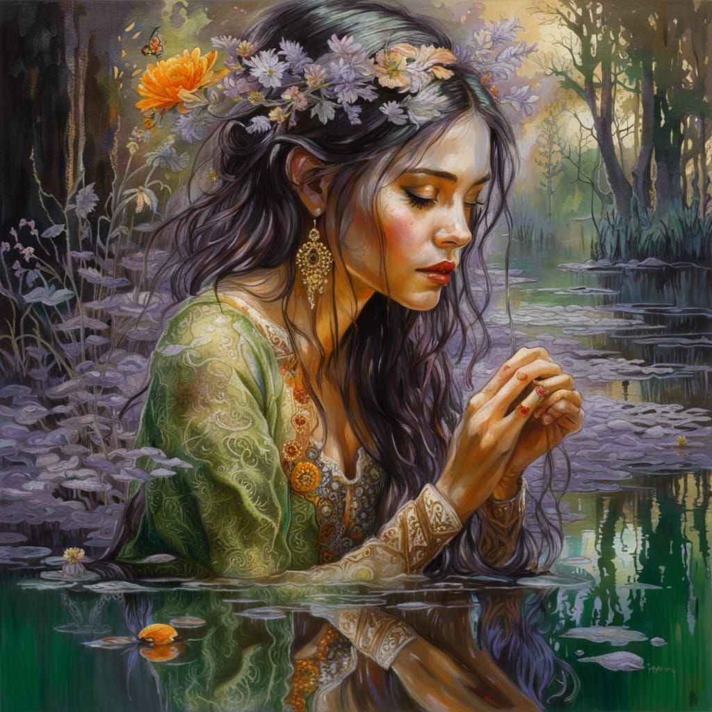 Princess and Mirrored Reflection in Dark Fantasy Style