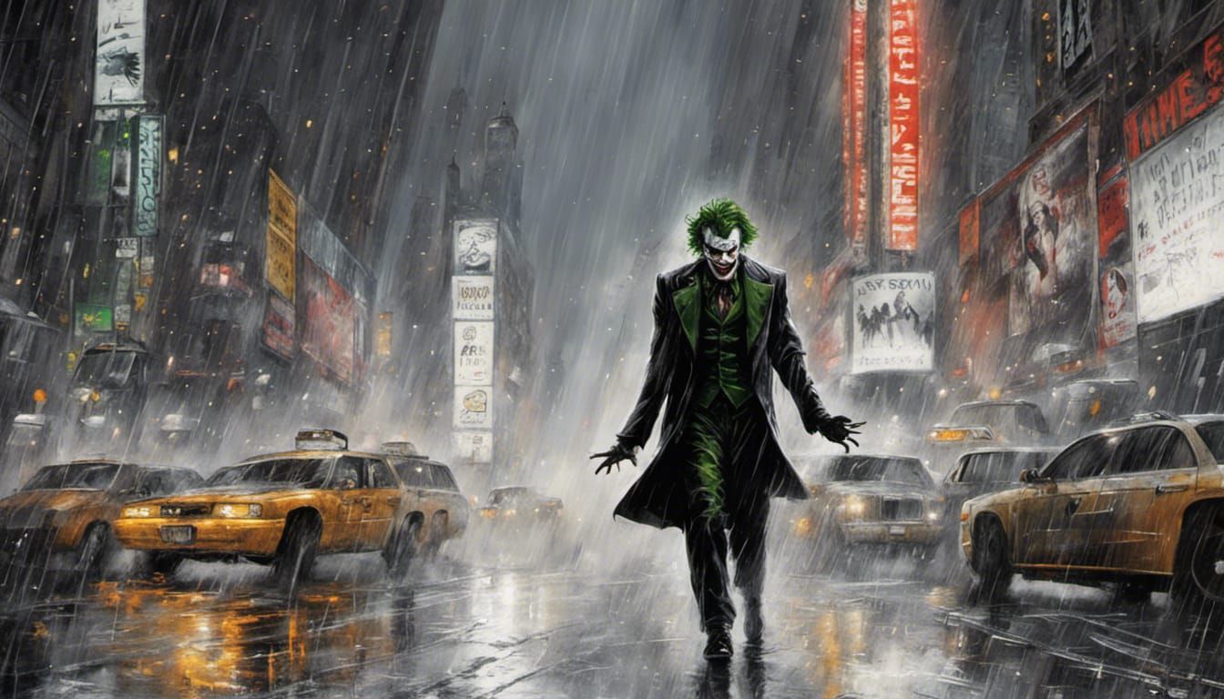 the Joker in New York walking in de mist en regen  in een ac...