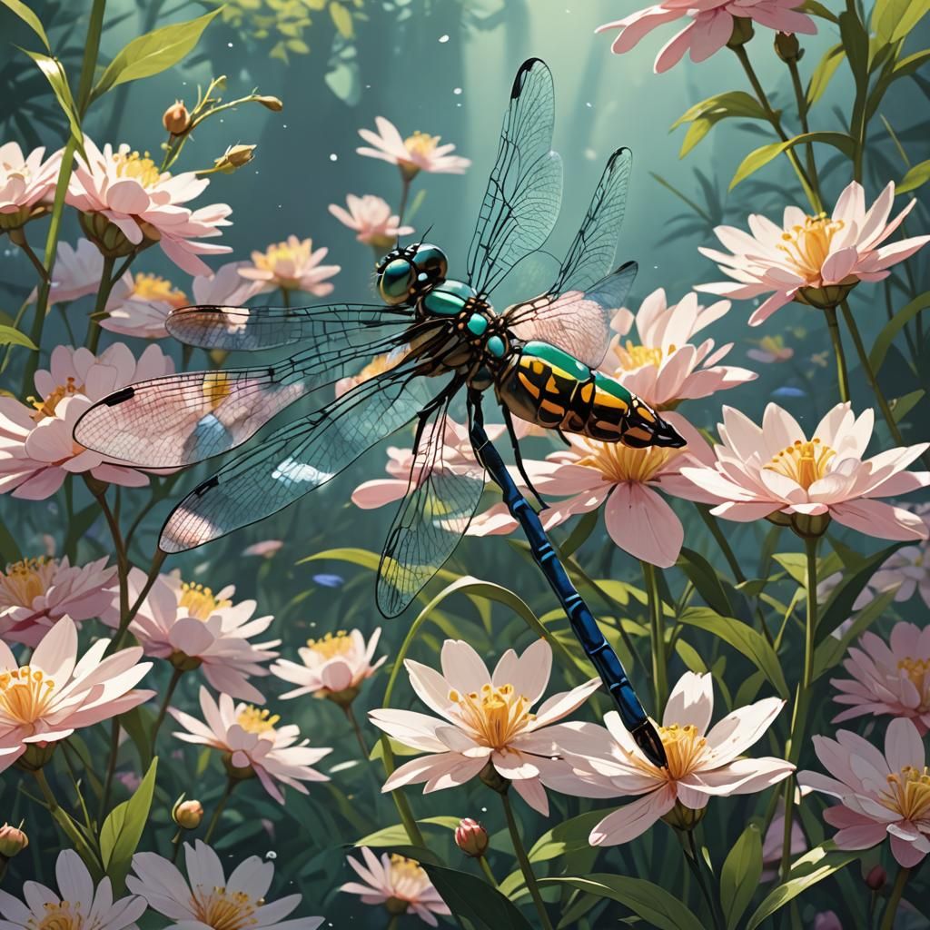 A dragonfly perched on a delicate flower petal, sipping nect...