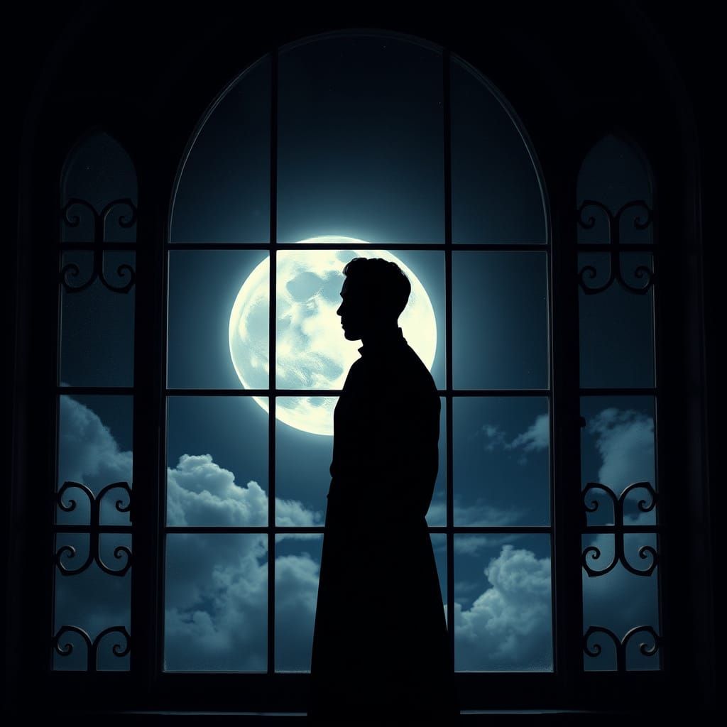 Contemplative Figure Under Full Moonlight in a Dreamlike Lan...