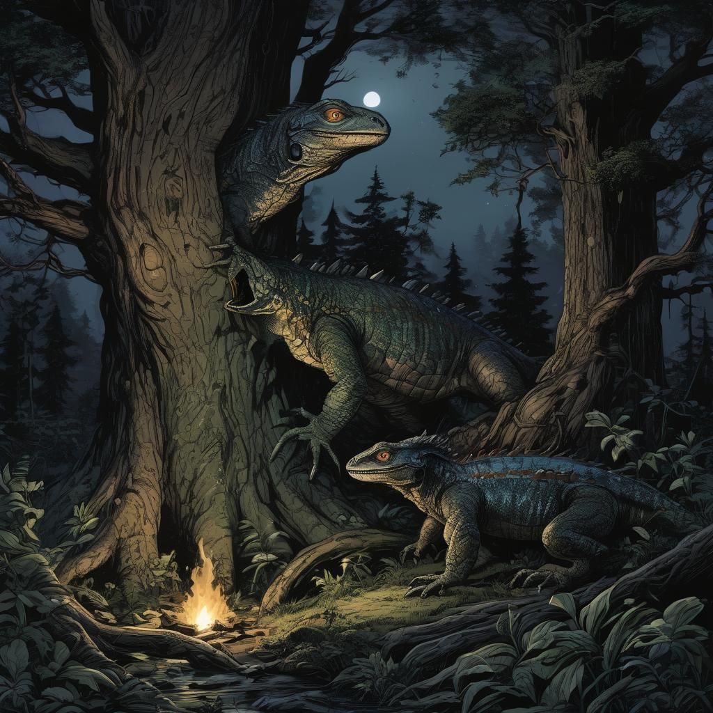 Couple camping, large lizard with glowing eyes hides behind ...