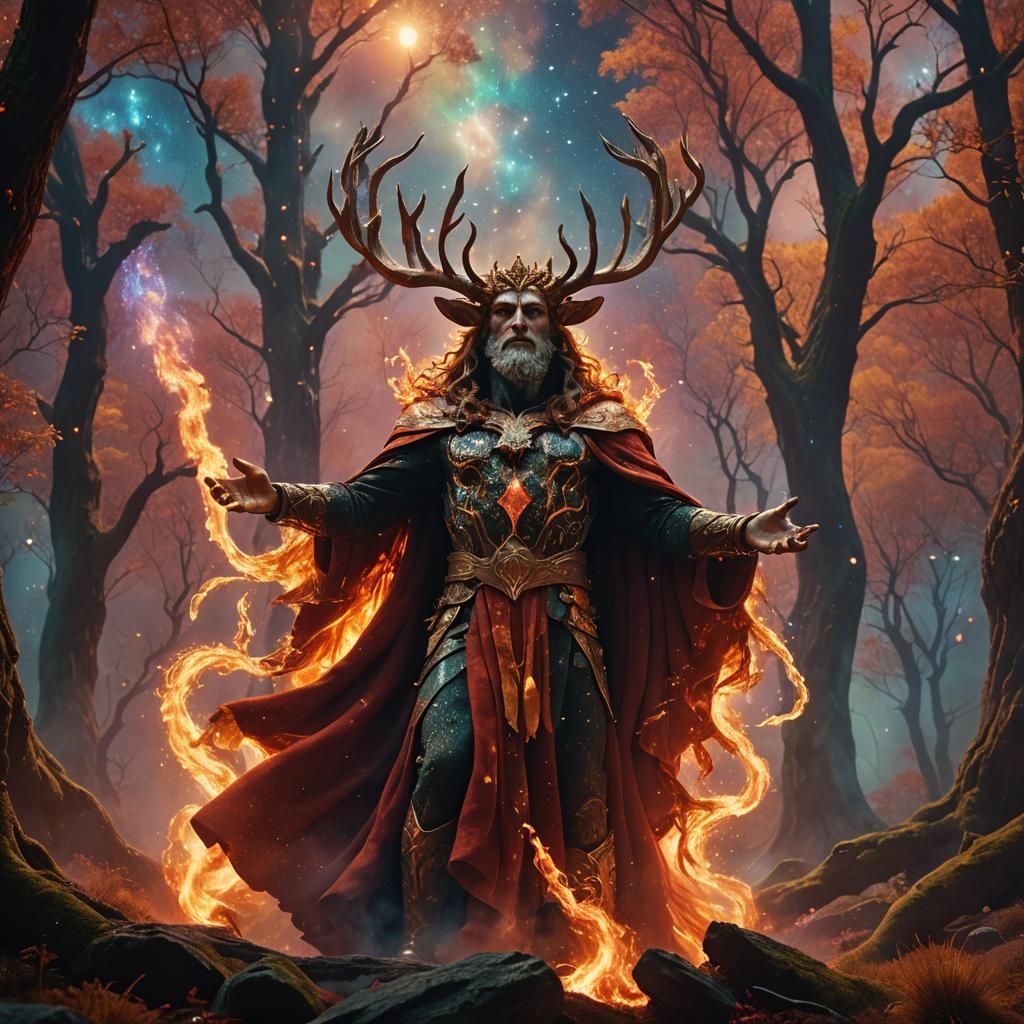 A god Cernunnos , me wearing a glorious flaming mantle standing in an ethereal landscape opens his mantle ...  by @Zerex