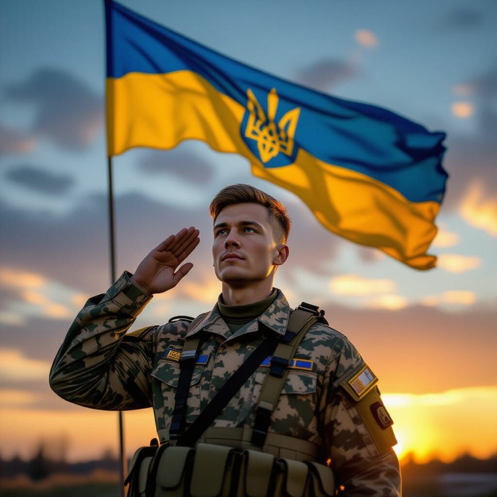 Ukrainian Soldier Salutes Flag in Golden Hour