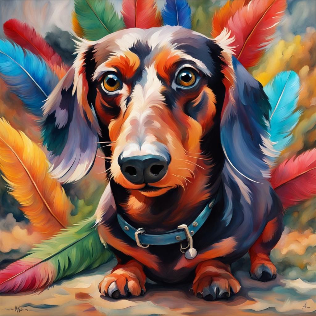 Giant monster dachshund with colourful feathers