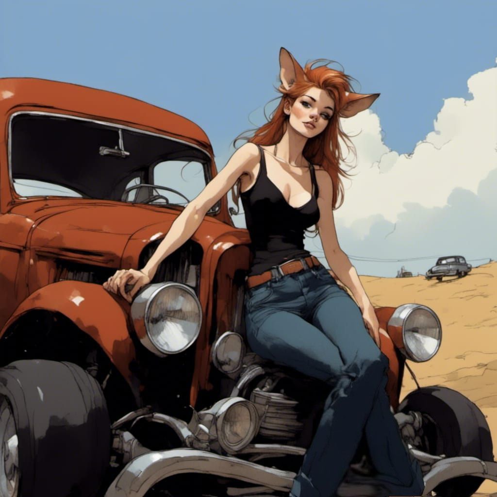 Fox-girl VIXEN, with her Rat-rod roadster.