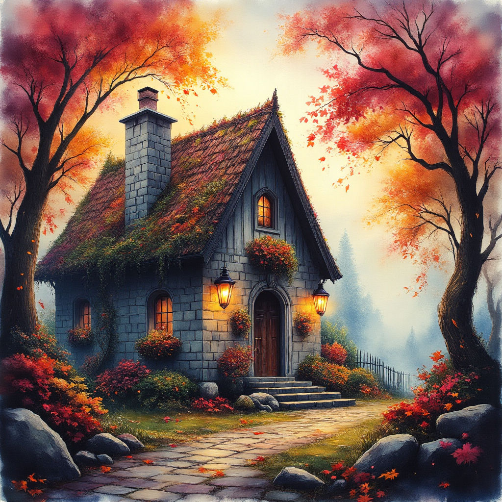 Medieval cabin in foggy forest