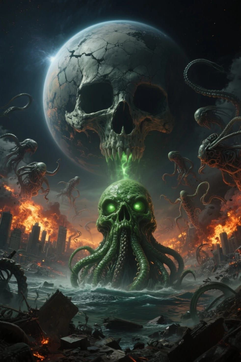 Various Creepy cosmic horror very bad dream like macabre creation of outer gods invading