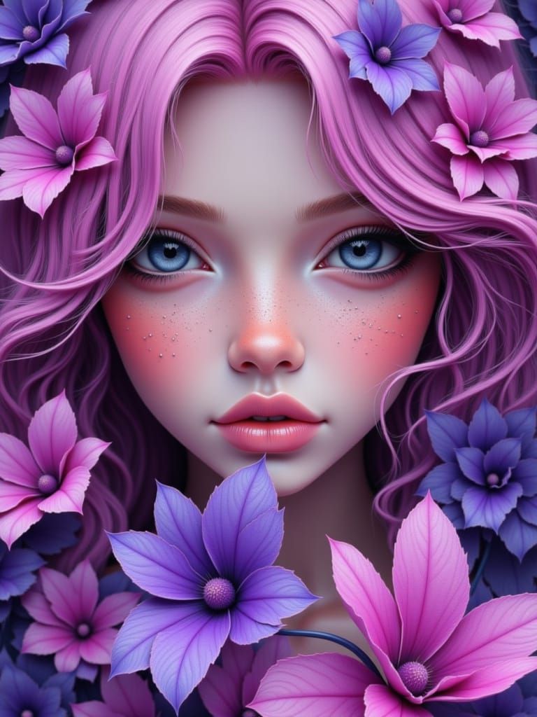 <lora:Midjourney girls:1.0> female, purple, pink flowers
