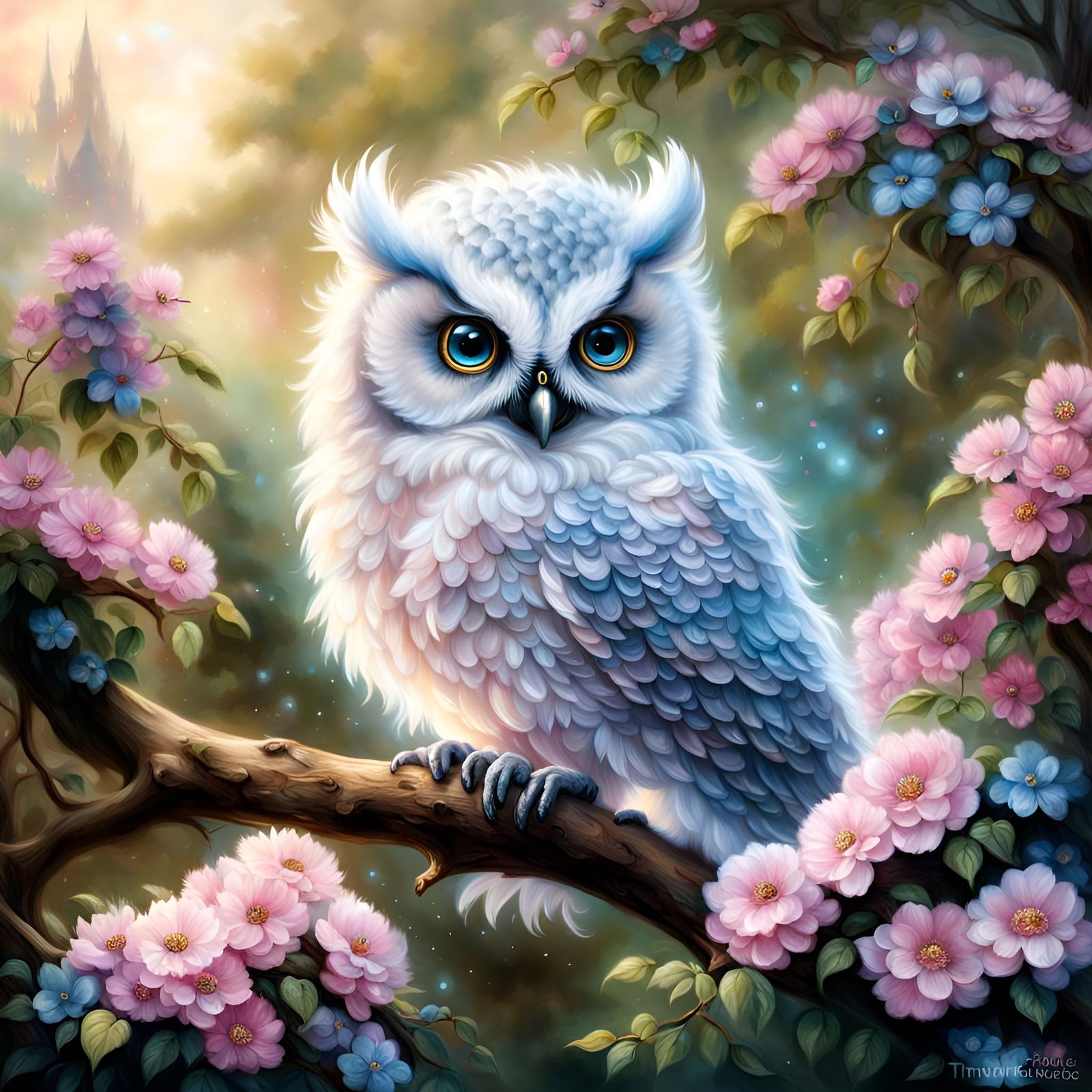 A baby fluffy owl. Big black eyes with a blue pupal. Sat on a tree branch. Pink flowers growing on the ...  by @Irene