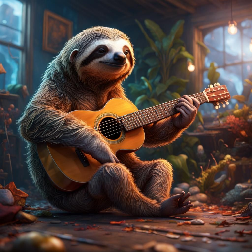 a sloth playing guitar   by @JellyFishFBI