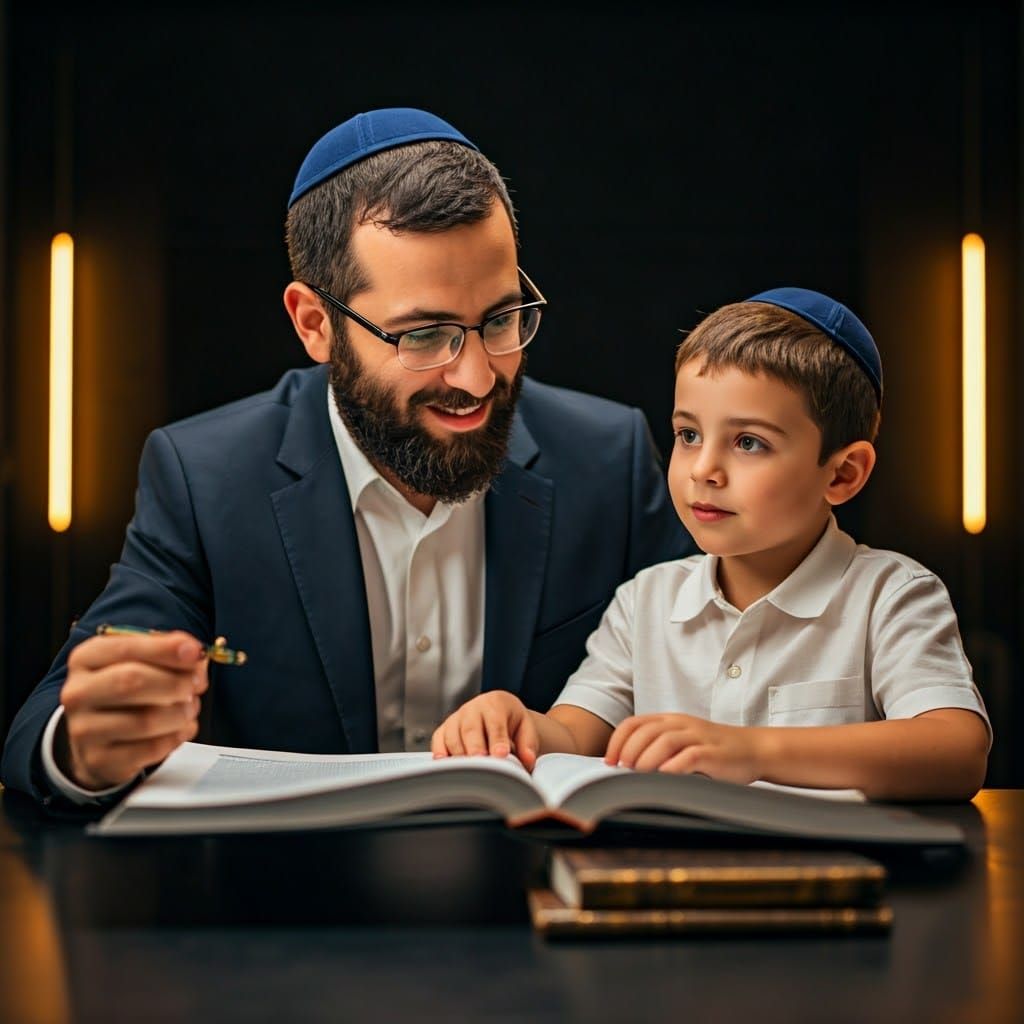 A Father and Son Study Torah Together in a Modern Home