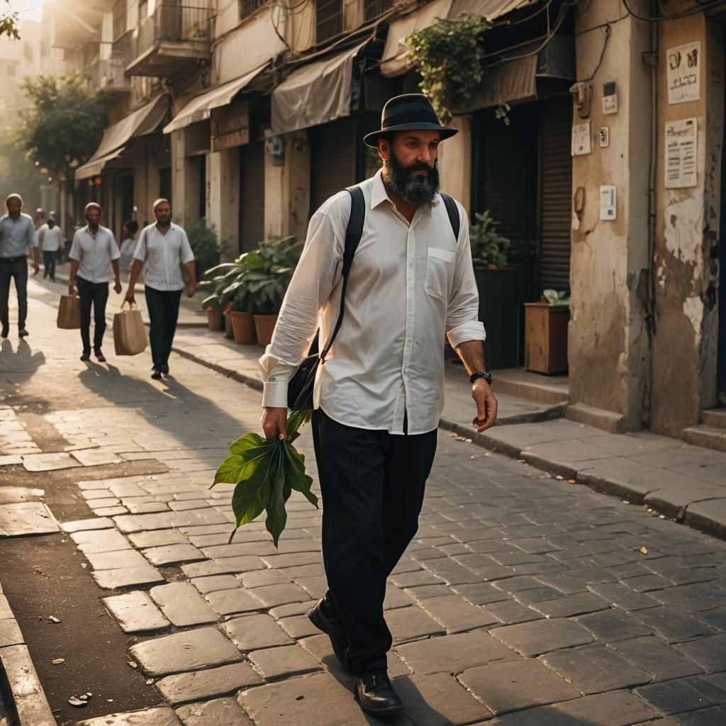 Man Walks in Bnei Brak: Hyperrealistic Cinematic Still