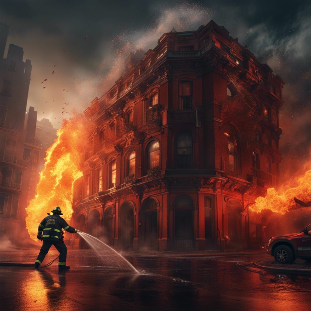 Create a building on fire with a firefighter trying to put it out with a hose of water false