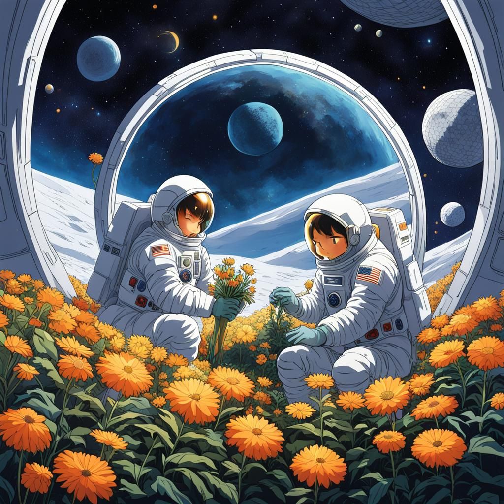 Three men in spacesuits tending to the flowers in a geodesic...