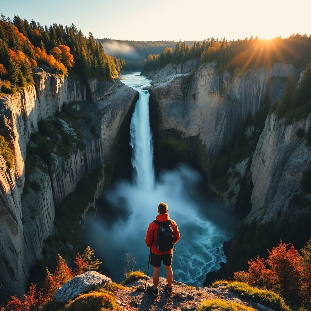 Hiker stands, admiring massive waterfall, from high cliffs to a misty river below. The surrounding woodland ...  by @Peter