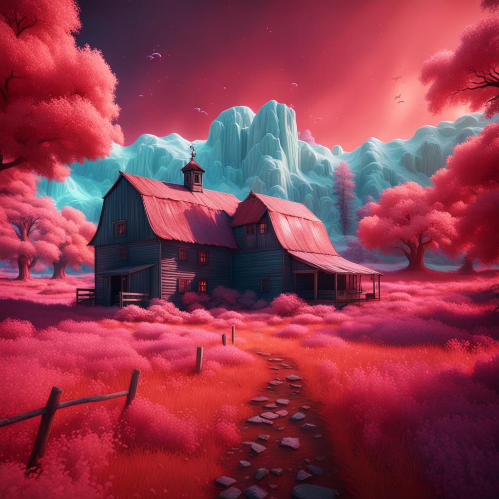 Infrared effect,a1950s farm detailed matte painting, deep co...