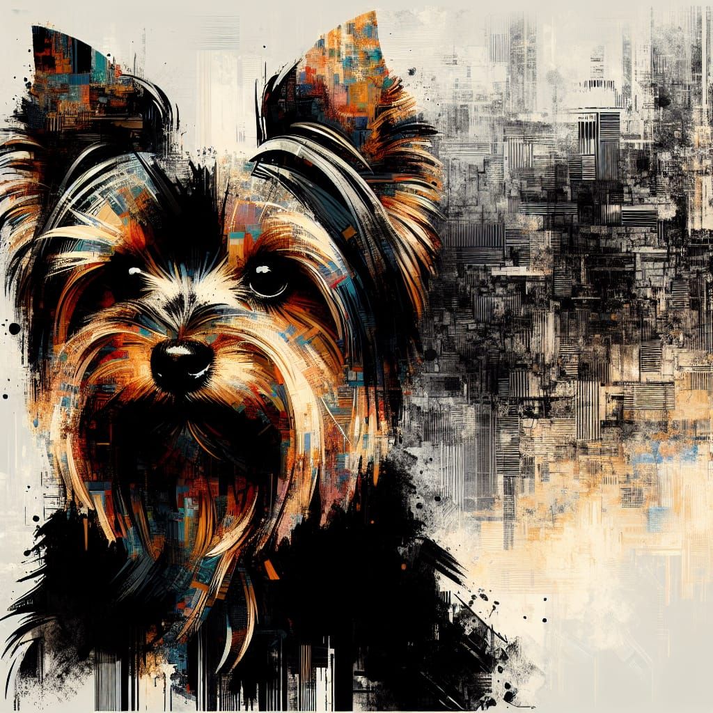 a portrait of a beautiful yorkshire terrier, black and tan paint glitches, grungy in the style of trash ...  by @whiterose