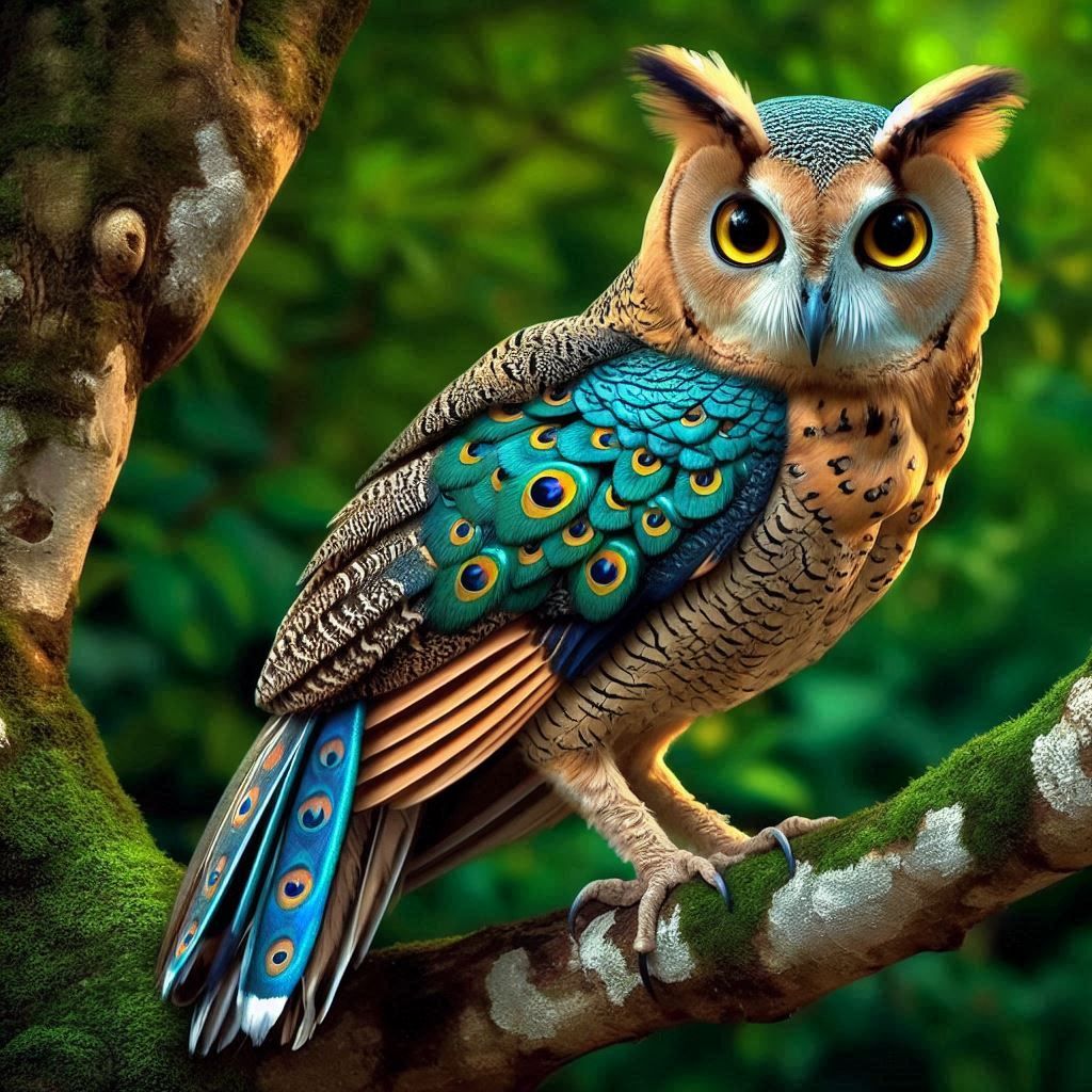 Hybrid of owl and peacock