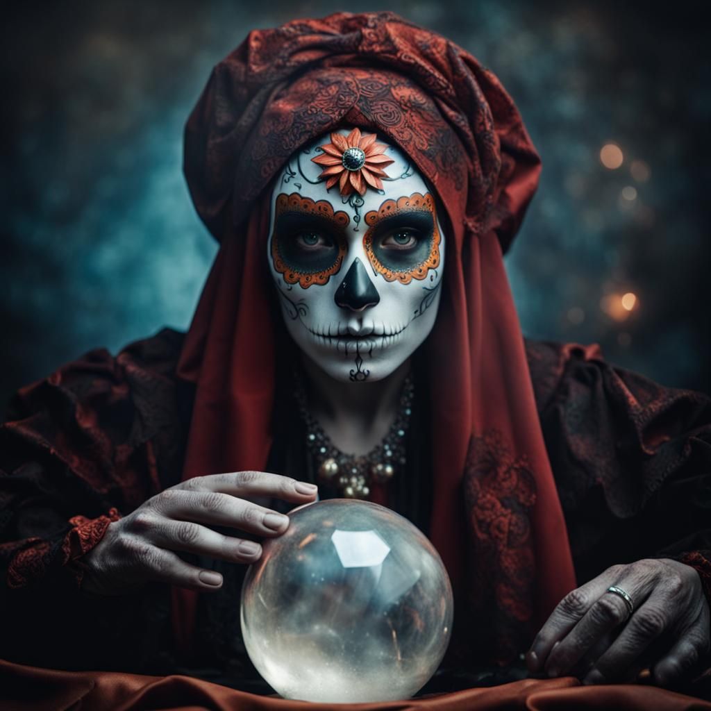 Portrait of a mysterious fortune teller with a crystal ball,...