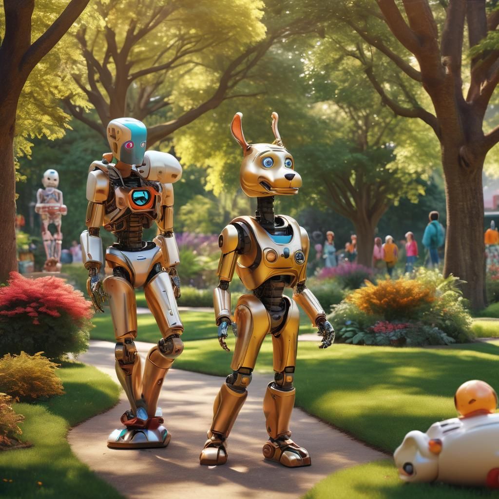 high tech humanoid robot, enjoying walking through the park,...