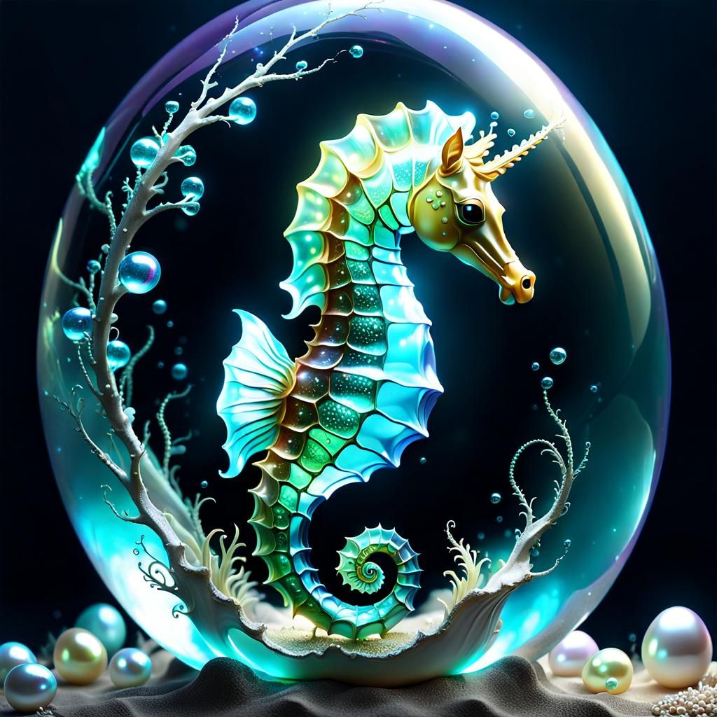 Luminous Sea Horse with a flowing tail seen inside a Cracked...