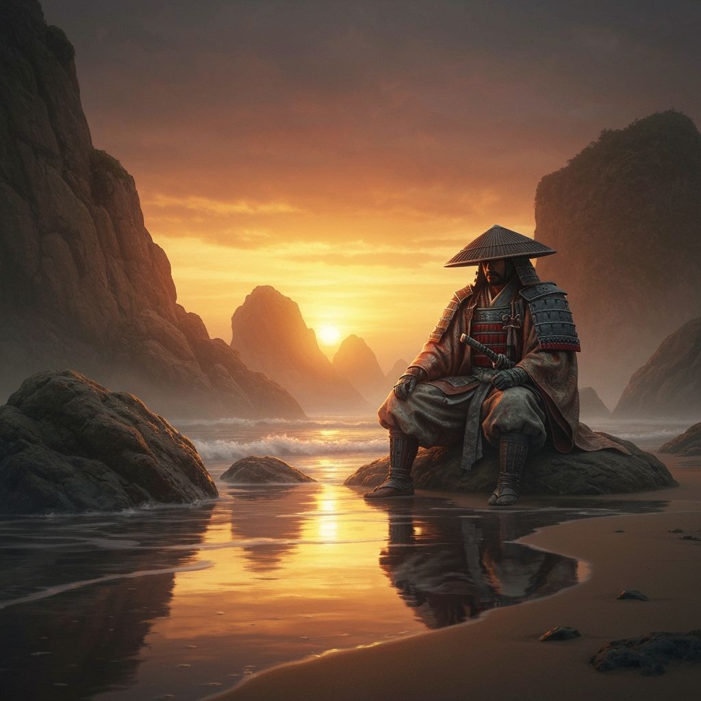 A lone samurai warrior in traditional attire, sitting in stillness on a misty shoreline at sunset, surrounded ...  by @Vurgiel89 