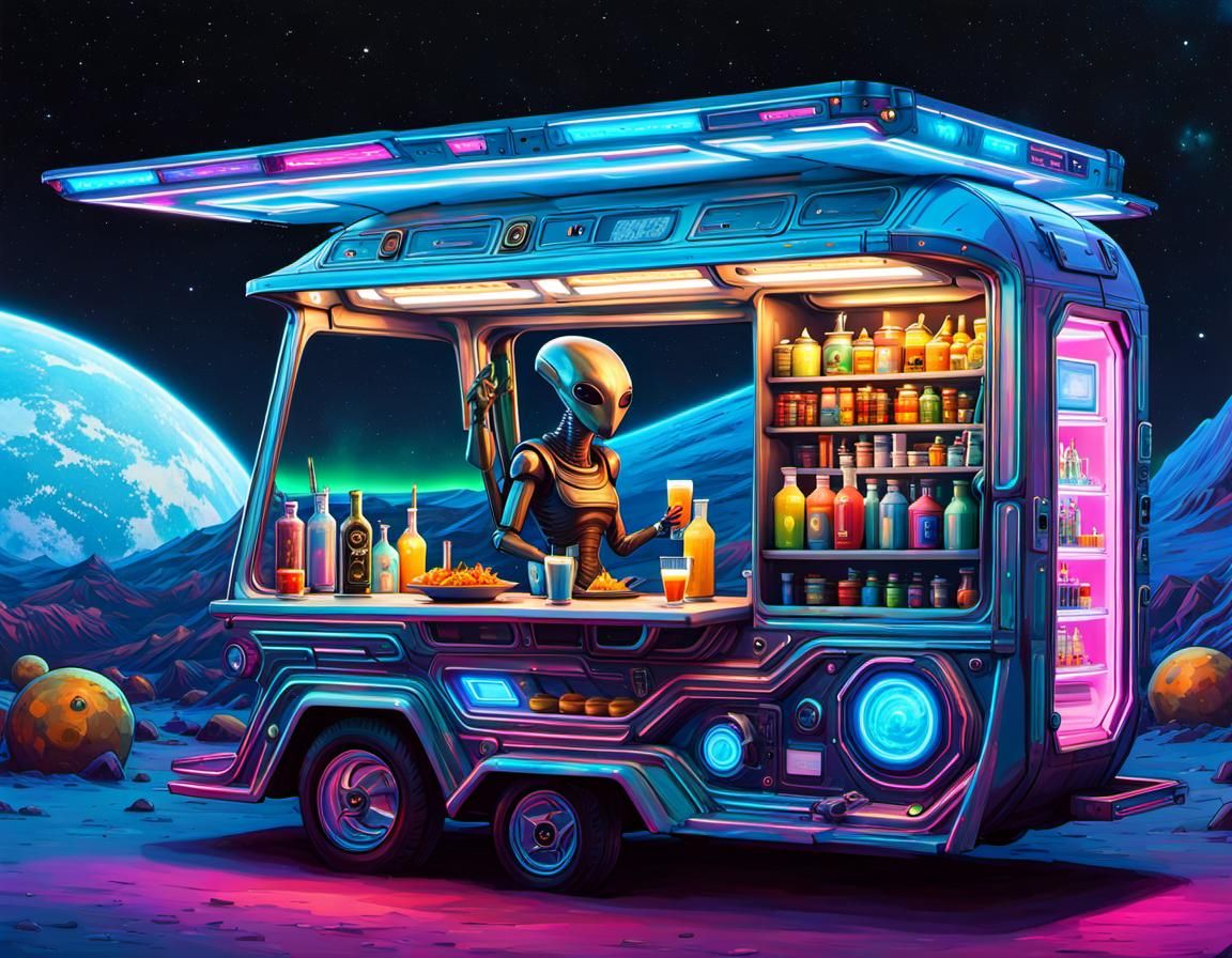 Alien serviering Drinks in a futuristic food truck
