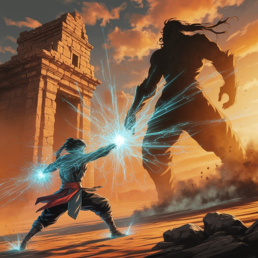 A warrior summoning a massive energy strike against a towering foe. Its all about dynamic action scenes ...  by @Babasik