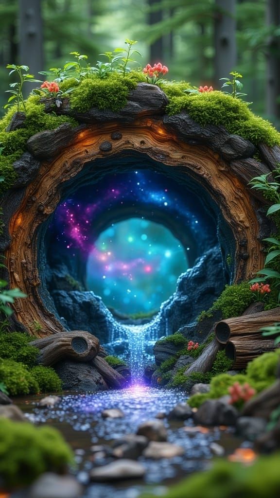 <lora:MJ6-1 Portals:1.0> A moss-covered round log is placed in an enchanted forest. Inside, a magical portal leads to another world. Colorfu...