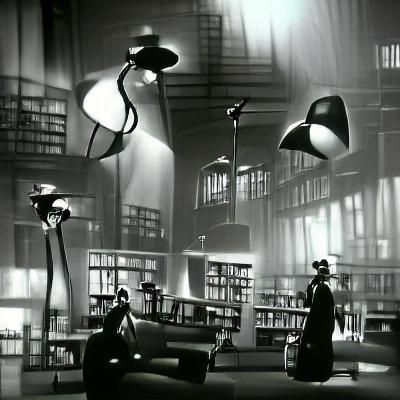 concept art film noir, library with lamps