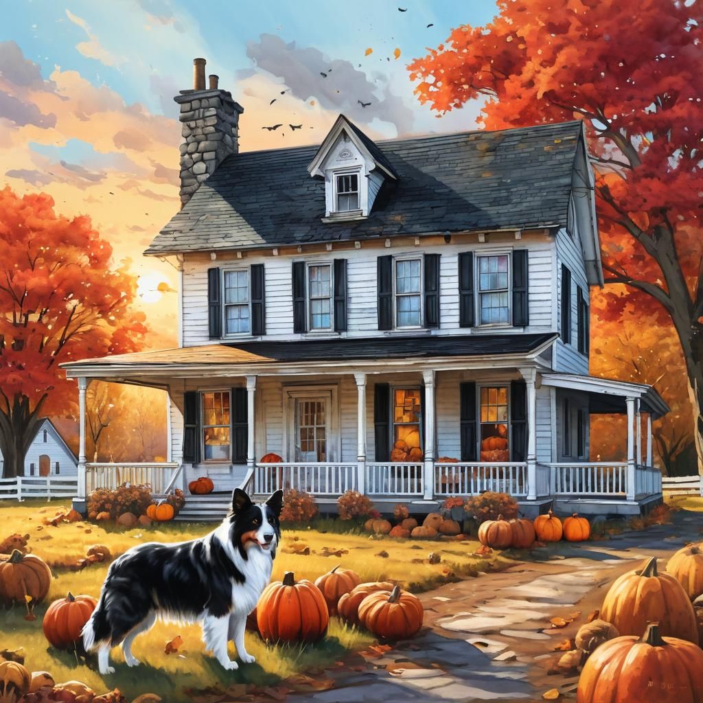 Watercolor style homestead with a white house with black shu...