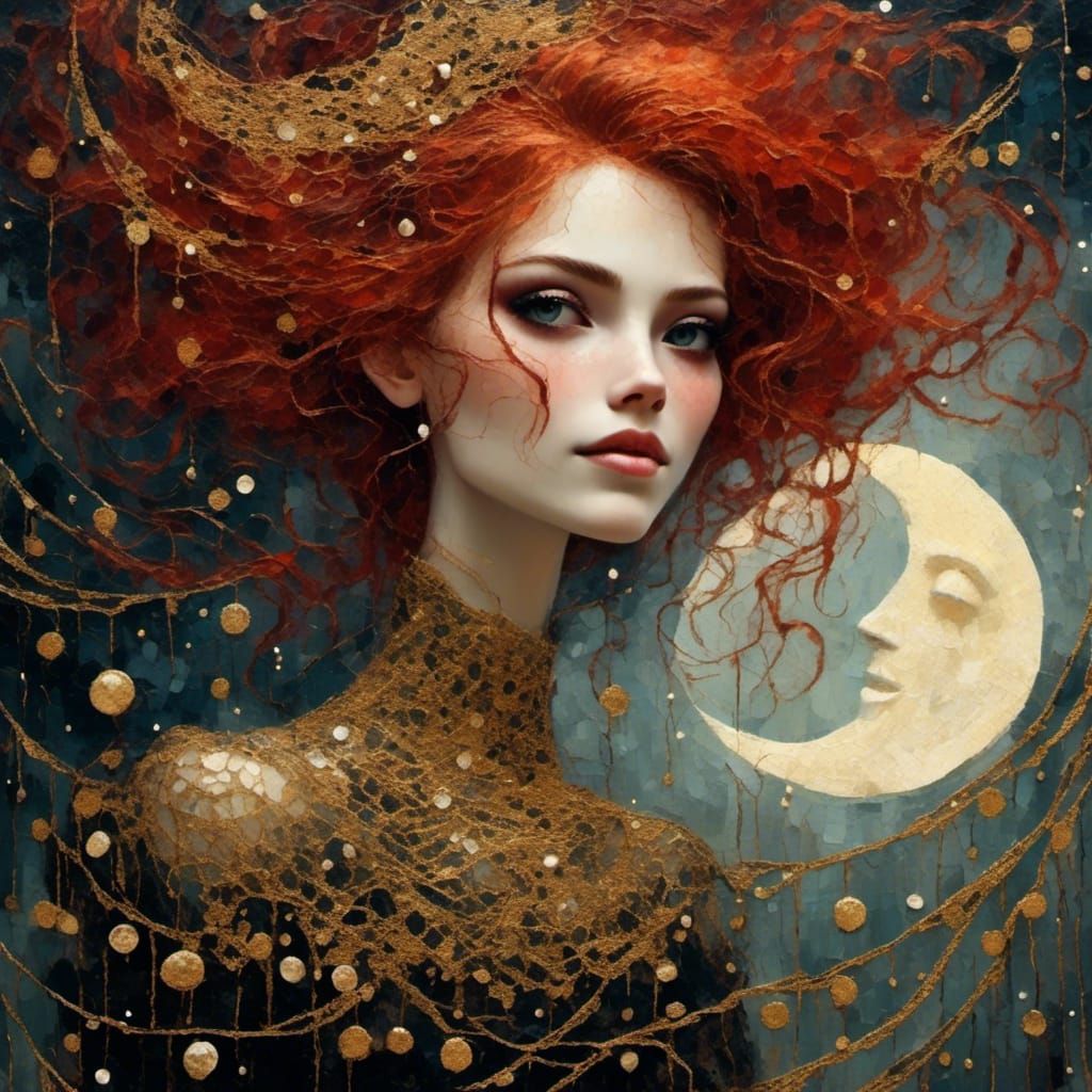 close up smile woman, moon, gold glitter pearl floating, a tangled red hair wearing gothic-punk dress lace. <lora:GothicDream:1.0>