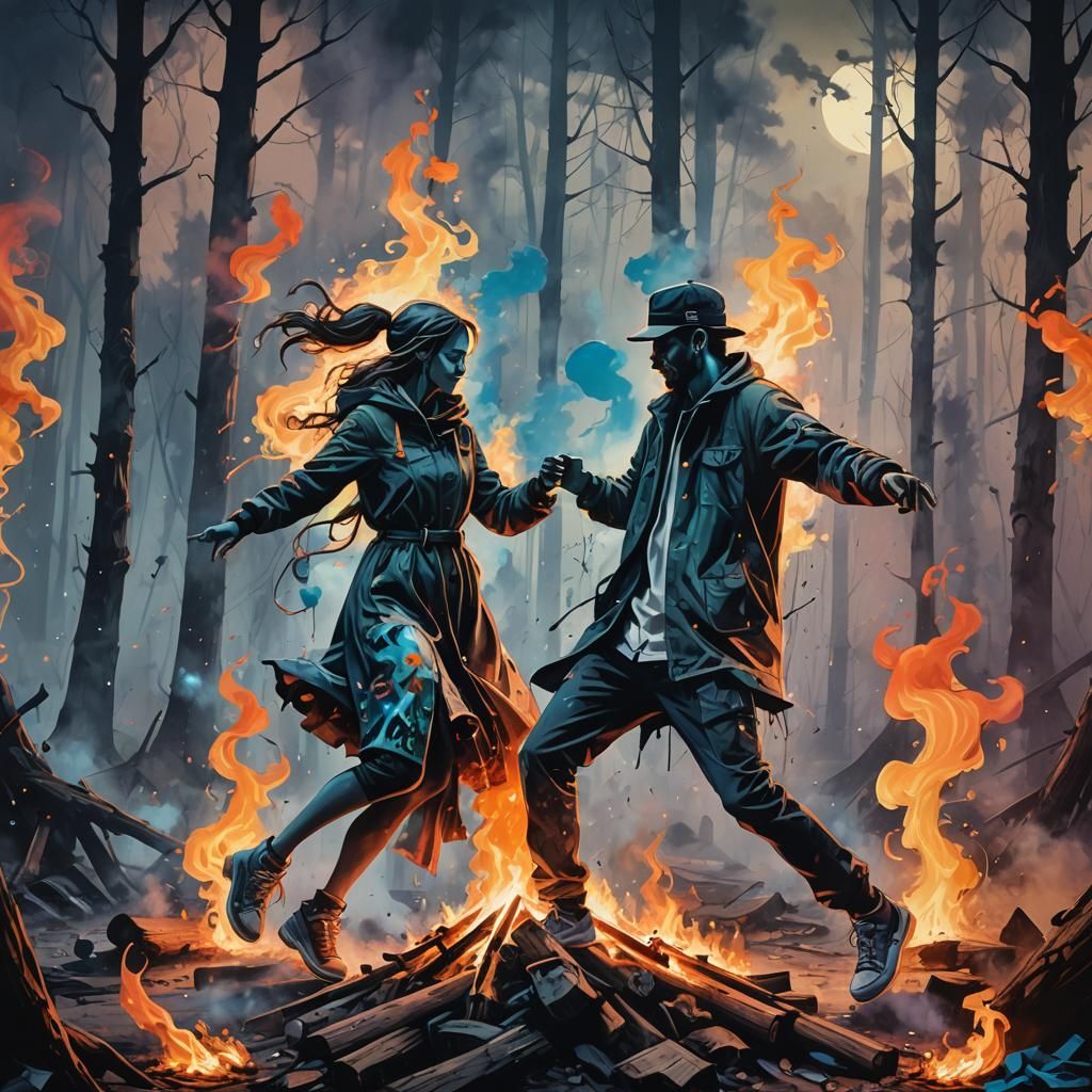 dancing couple formed from the smoke of a campfire in the fo...