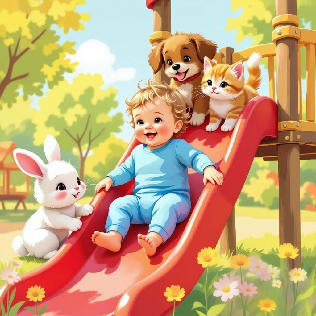 Create a baby playing in the playground with young animals on the slide