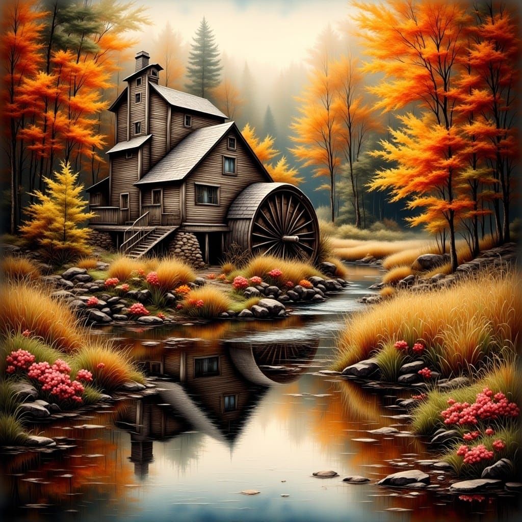  <lora:Antique Watercolor 2:1.0> old paddle mill nestled in autumn woods with a beautiful creek 