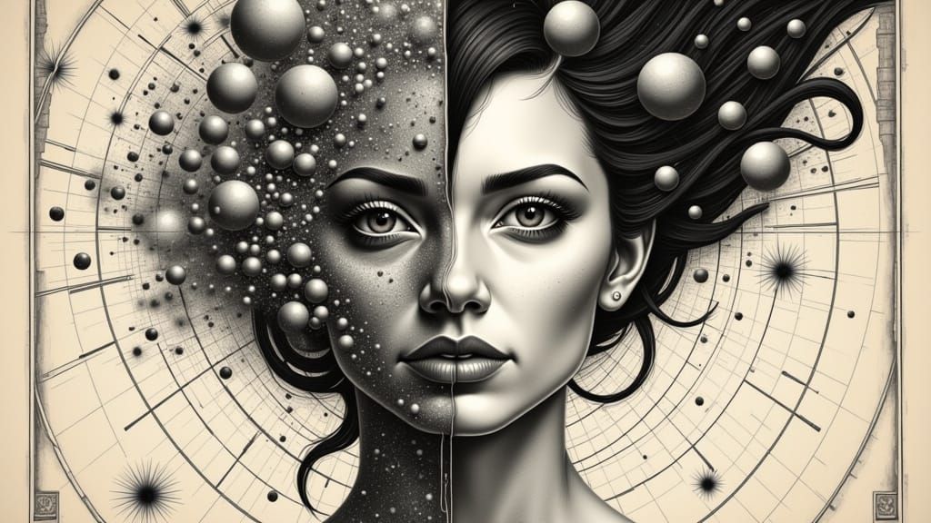 Woman with Cosmic Circuits in Steel Engraving Style