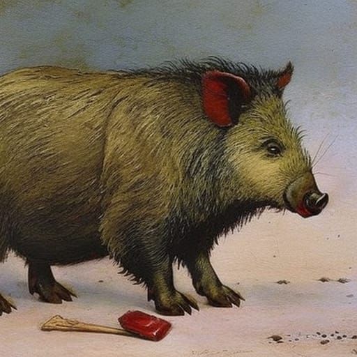 painting of a cute whimsical, a raging wild boar with a ragi...