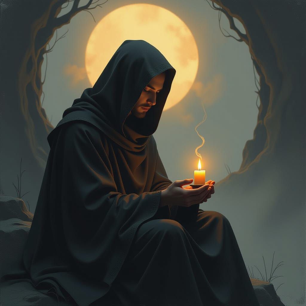 Mystical Figure with Candle in Eerie Darkness