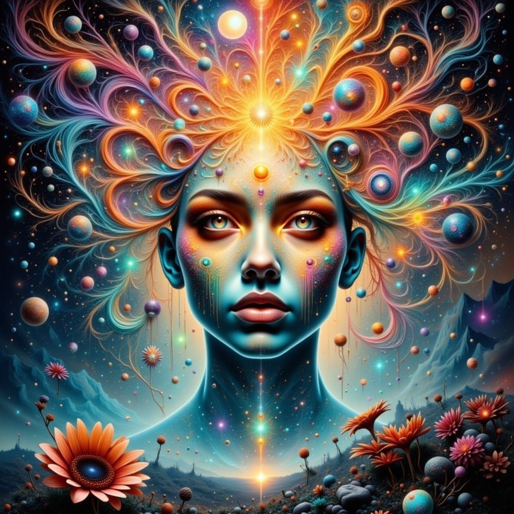Ethereal Androgynous Figure in Vibrant Cosmic Landscape