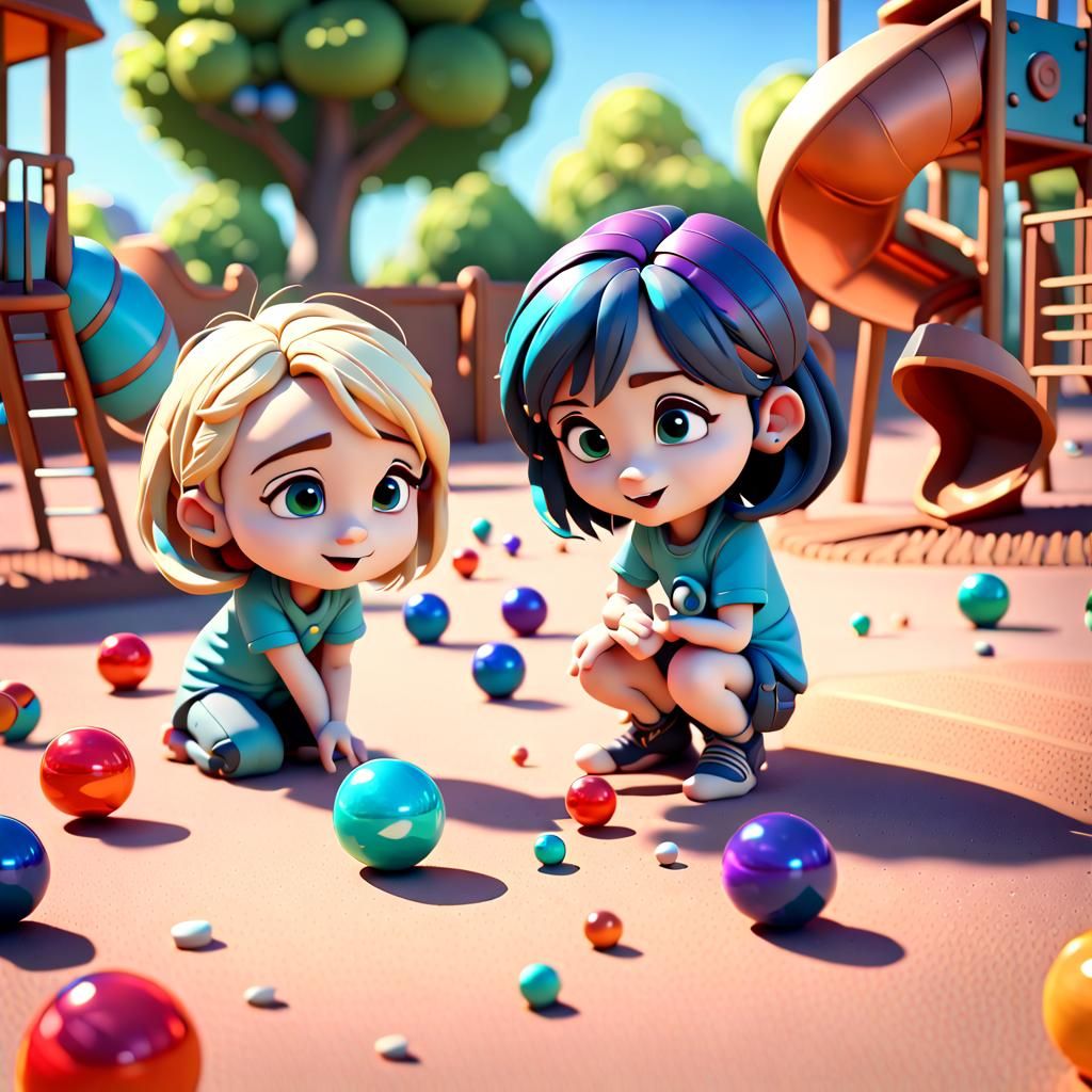 Chibi characters playing marbles on playground ,sunny day Pixar, Disney ...