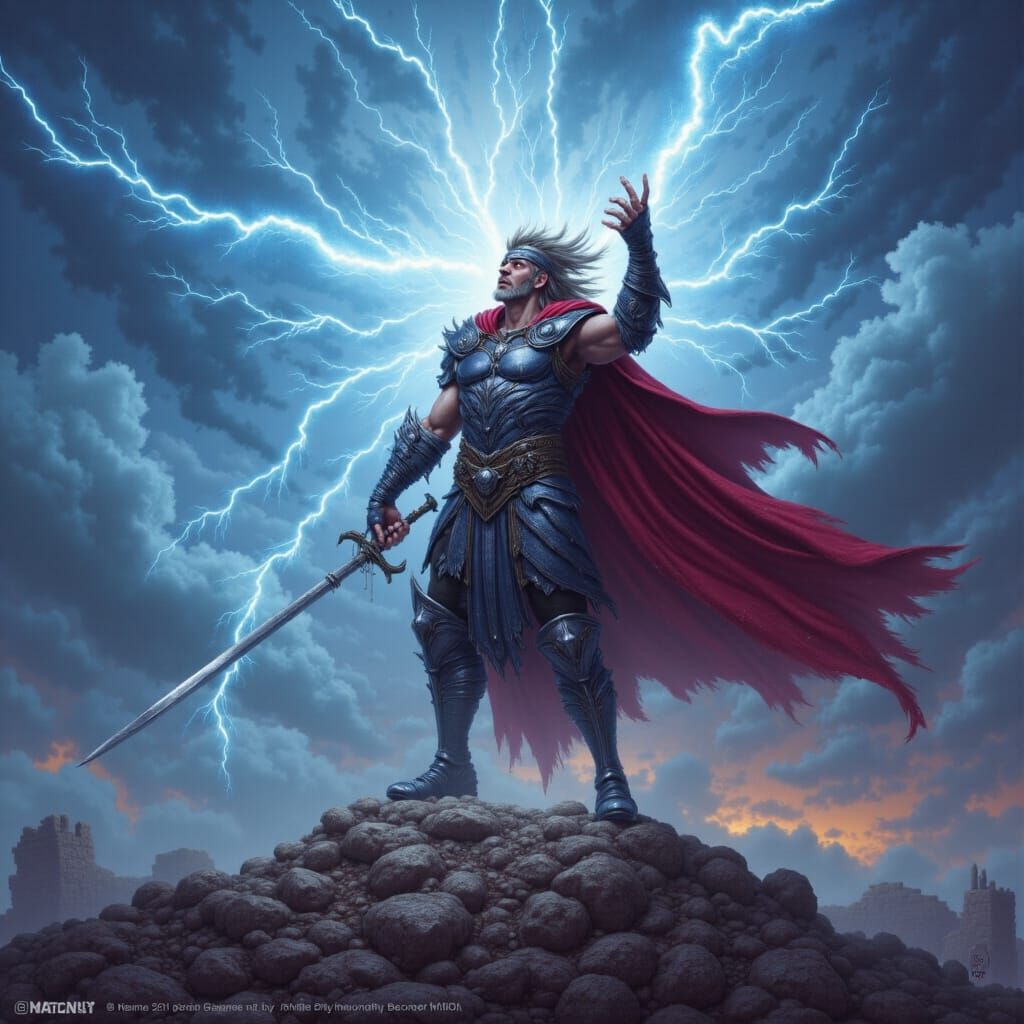 Thor invoking thunder and lightning.
<lora:Purple Visions:1.0>