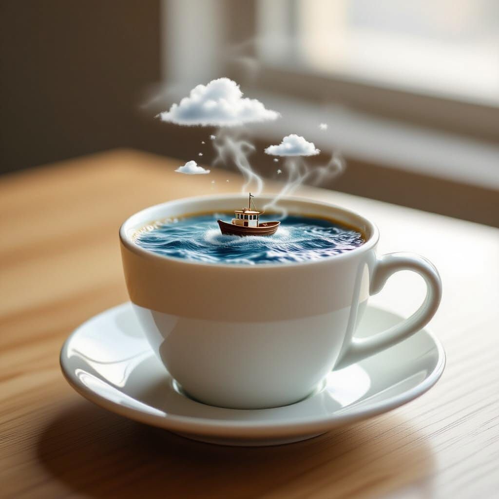 Stormy Sea in Coffee Cup with Clouds Above