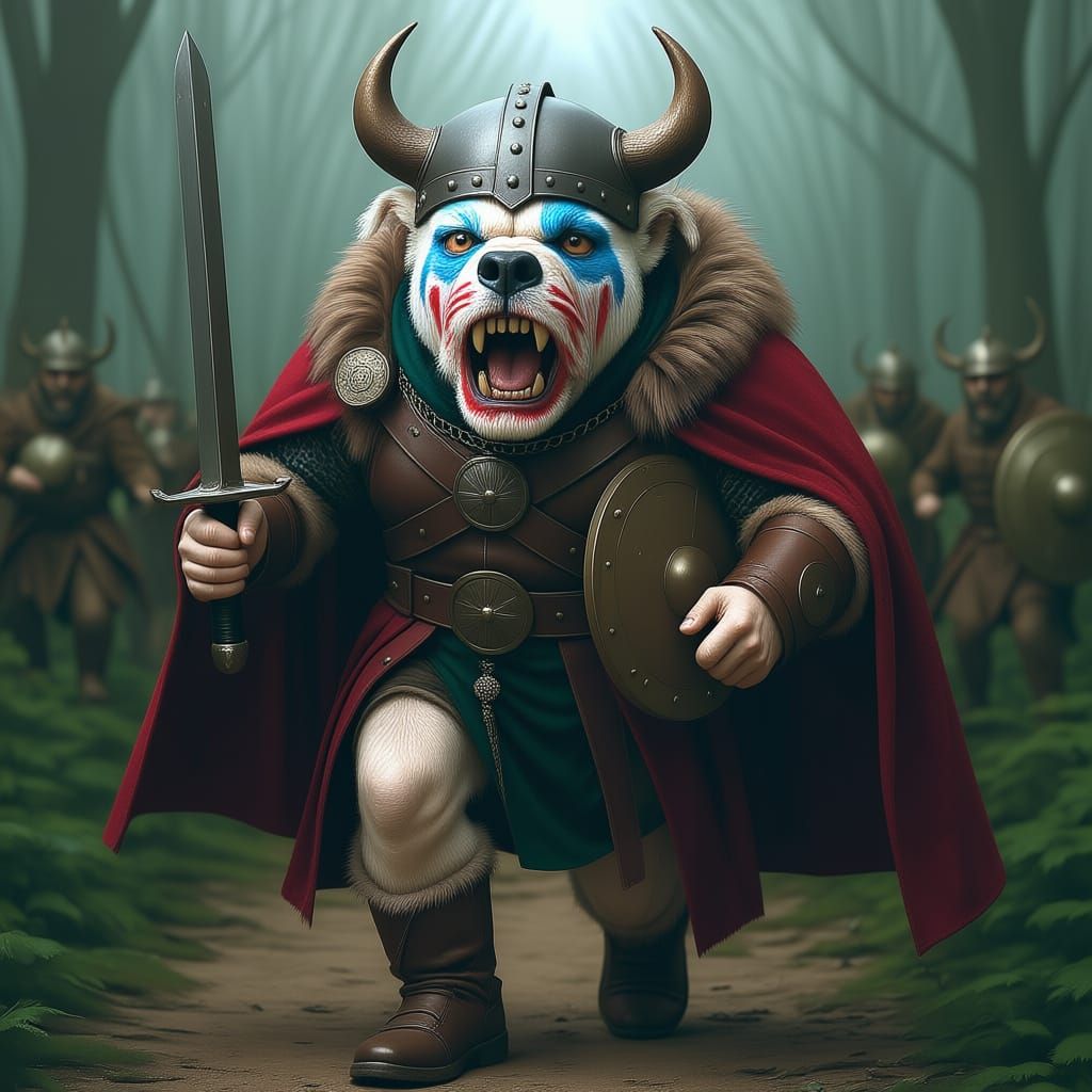 Bulldog with clown face paint in viking clothes 