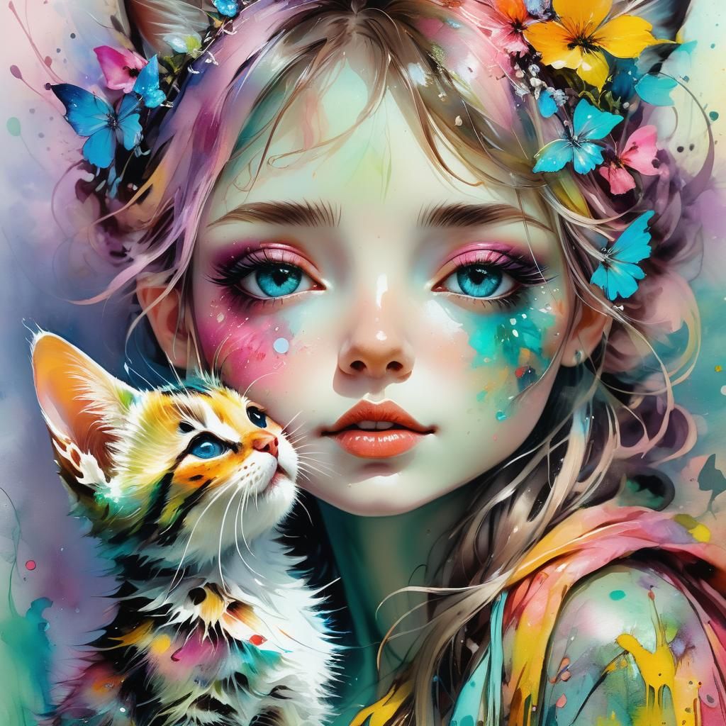 Fairy and Kitten Kiss in Whimsical Oil Painting