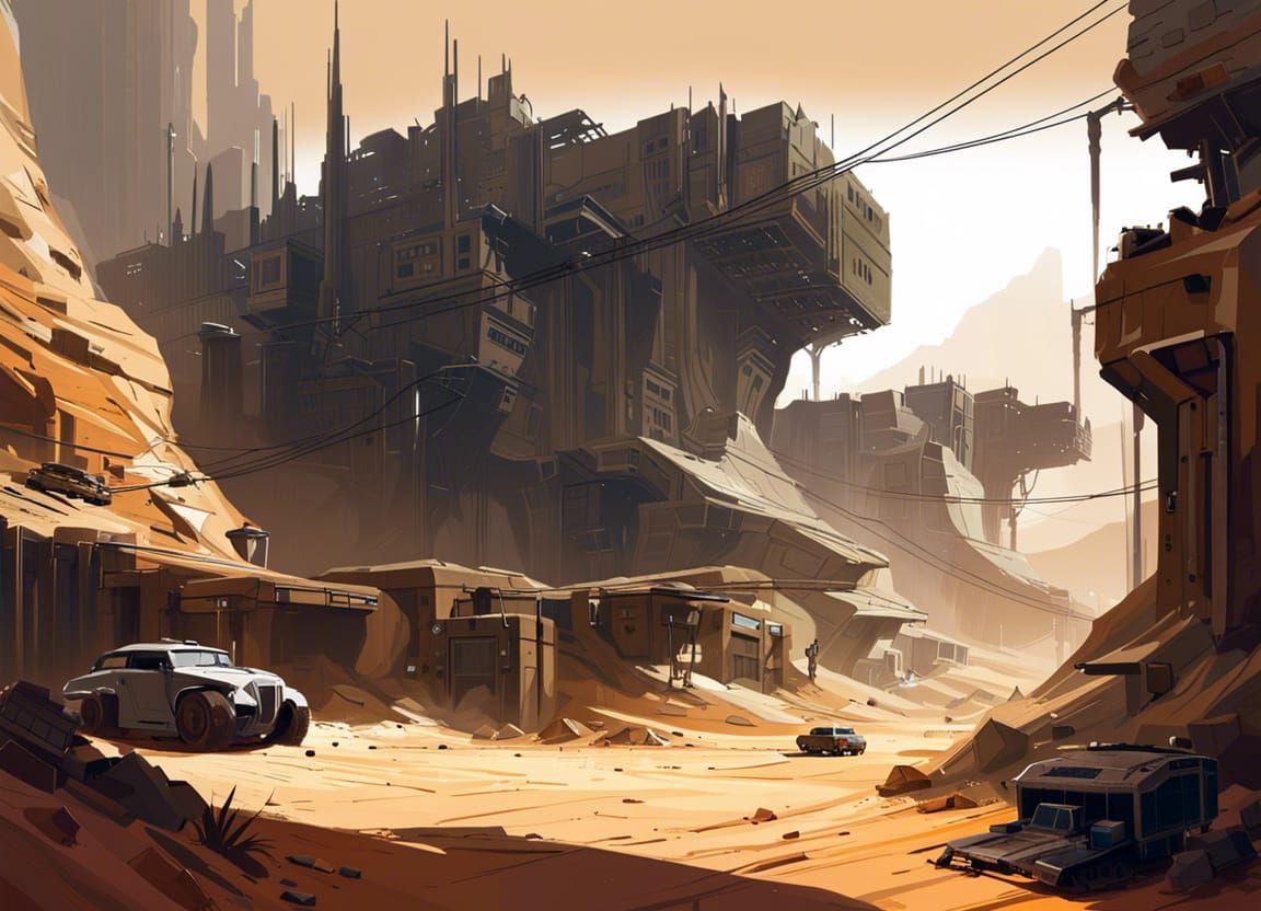 Dystopian Desert Town Environment In The Style Of Sparth Ai Generated